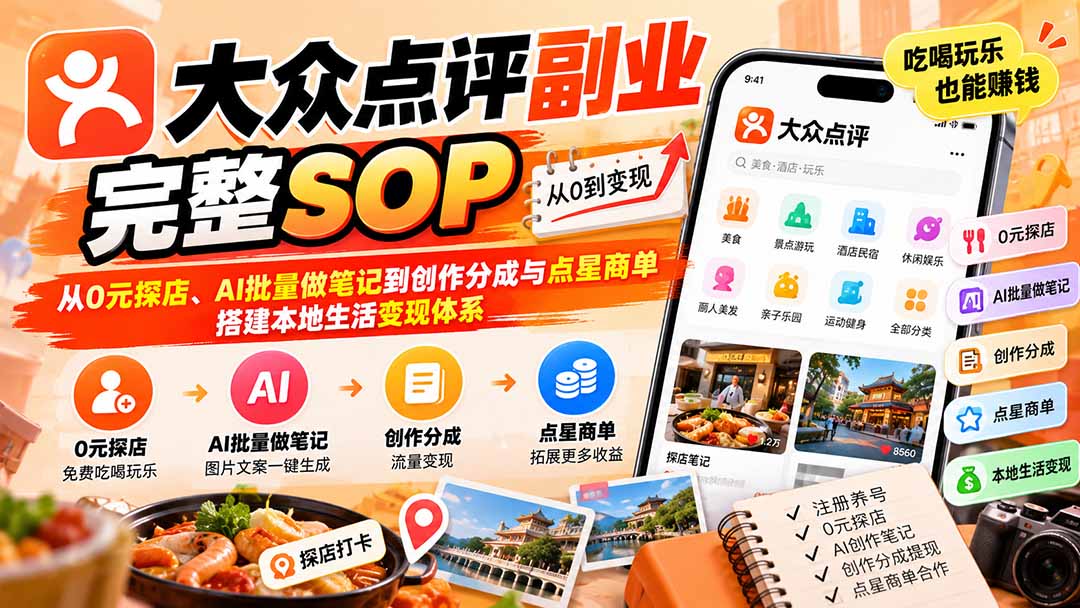 （20638期）【无水印】大众点评副业完整SOP：从0元探店、AI批量做笔记到创作分成与点星商单，搭建本地生活变现体系-翌晨科技网