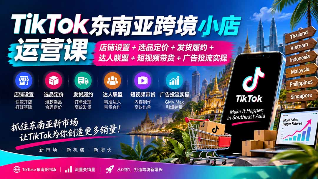 （20483期）TikTok东南亚跨境小店运营课：店铺设置+选品定价+发货履约+达人联盟+短视频带货+广告投流实操-翌晨科技网