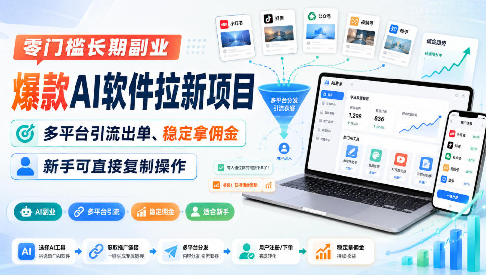 零门槛长期副业，爆款AI软件拉新项目，多平台引流出单、稳定拿佣金，新手可直接复制操作-翌晨科技网
