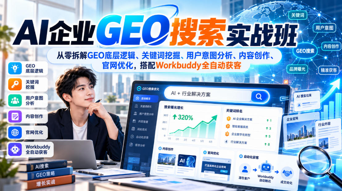 AI企业GEO搜索实战班，从零拆解GEO底层逻辑、关键词挖掘、用户意图分析、内容创作、官网优化，搭配Workbuddy全自动获客-翌晨科技网
