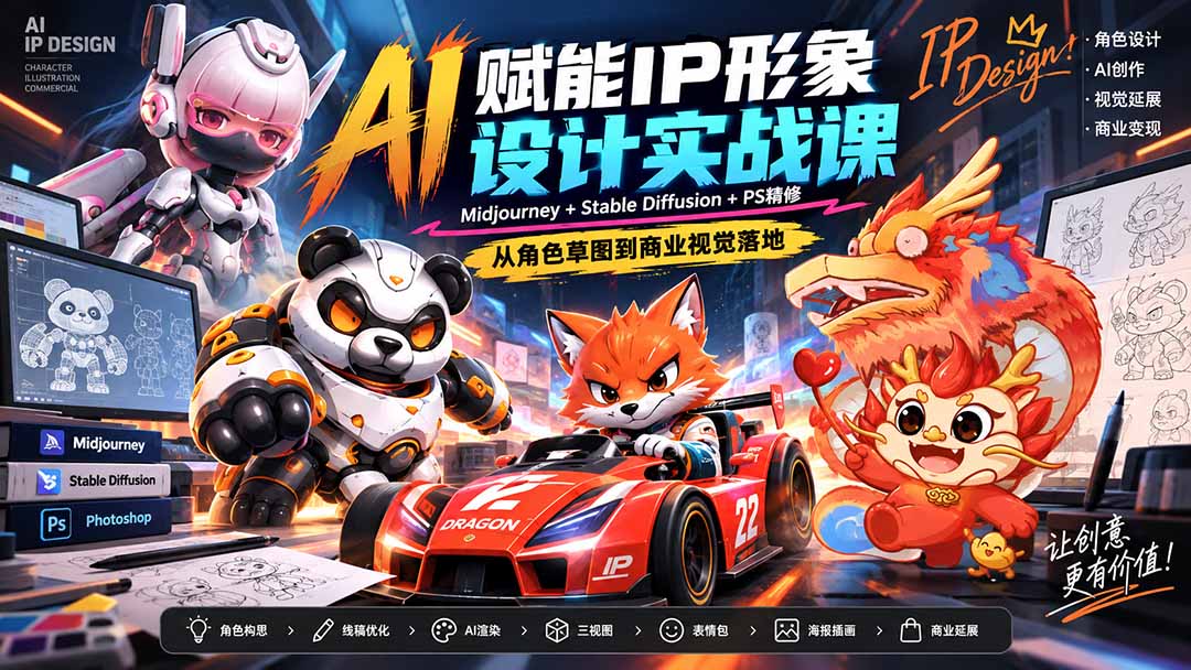 （20552期）AI赋能IP形象设计实战课-无水印：Midjourney+Stable Diffusion+PS精修，从角色草图到商业视觉落地-翌晨科技网