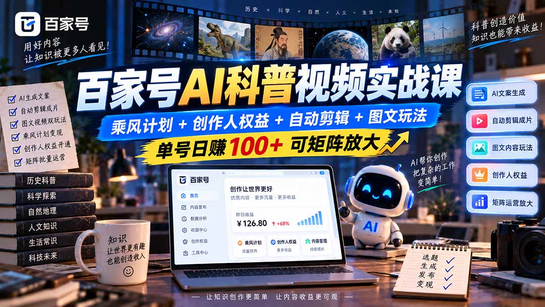 （20579期）百家号AI科普视频实战课：乘风计划+创作人权益+自动剪辑+图文玩法，单号日赚100+可矩阵放大-翌晨科技网