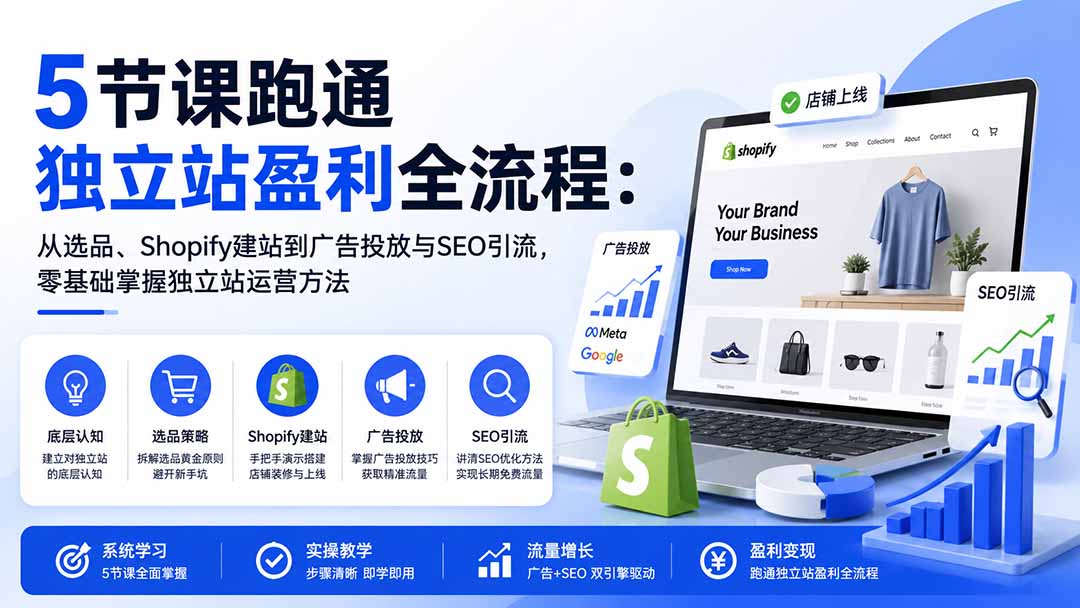 （20316期）5节课跑通独立站盈利全流程：从选品、Shopify建站到广告投放与SEO引流，零基础掌握独立站运营方法-翌晨科技网