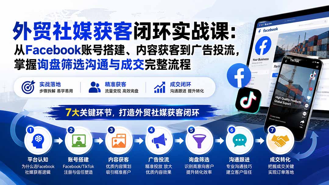 （20318期）外贸社媒获客闭环实战课：从Facebook账号搭建、内容获客到广告投流，掌握询盘筛选沟通与成交完整流程-翌晨科技网