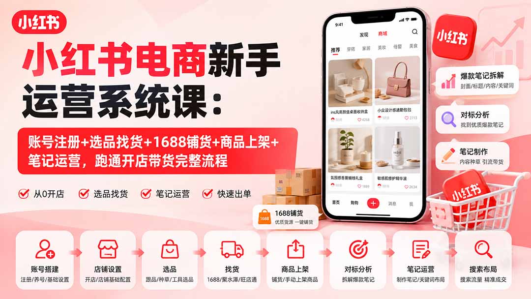 （20319期）小红书电商新手运营系统课：账号注册+选品找货+1688铺货+商品上架+笔记运营，跑通开店带货完整流程-翌晨科技网