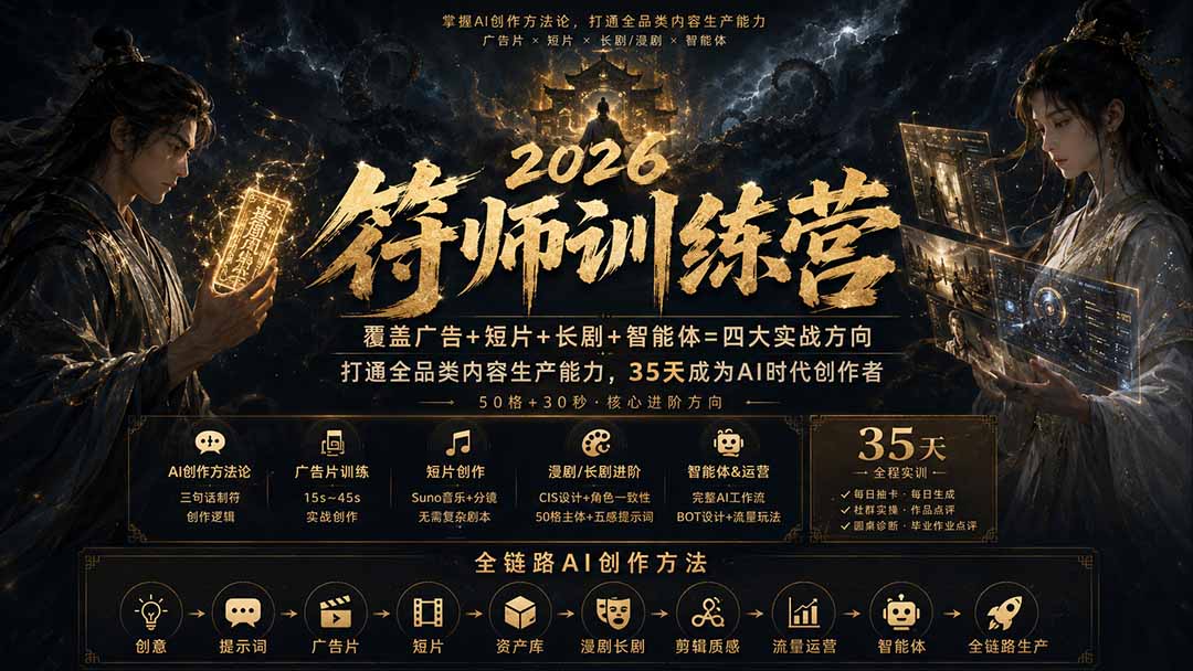 （20180期）符师训练营-35天成为AI时代创作者，广告+短片+漫剧+智能体四大实战方向，掌握从创意到上线的完整工作流-翌晨科技网