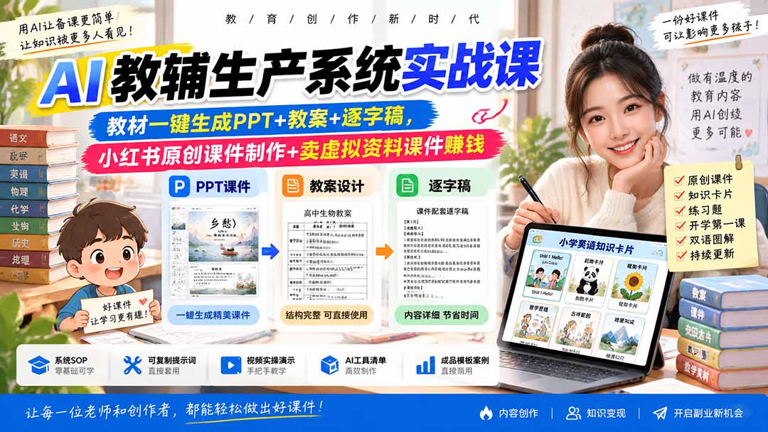 （20542期）AI教辅生产系统实战课｜教材一键生成PPT+教案+逐字稿，小红书原创课件制作+卖虚拟资料课件赚钱-翌晨科技网