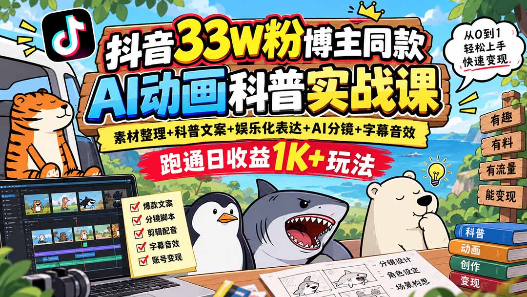 （20510期）抖音33W粉博主同款AI动画科普实战课｜素材整理+科普文案+娱乐化表达+AI分镜+字幕音效，跑通日收益1K+玩法-翌晨科技网
