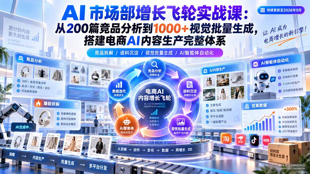 （20436期）AI 市场部增长飞轮实战课：从200篇竞品分析到1000+视觉批量生成，搭建电商AI内容生产完整体系-翌晨科技网