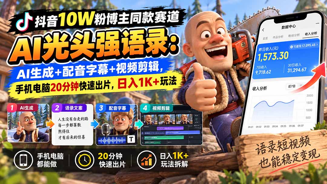 （20687期）【无水印】抖音10W粉博主同款赛道AI光头强语录：AI生成+配音字幕+视频剪辑，手机电脑20分钟快速出片，日入1K+玩法-翌晨科技网