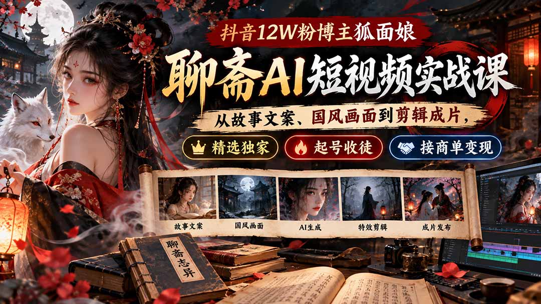 （20639期）抖音12W粉博主狐面娘-聊斋AI短视频实战课：从故事文案、国风画面到剪辑成片，精选独家+起号收徒+接商单变现-翌晨科技网
