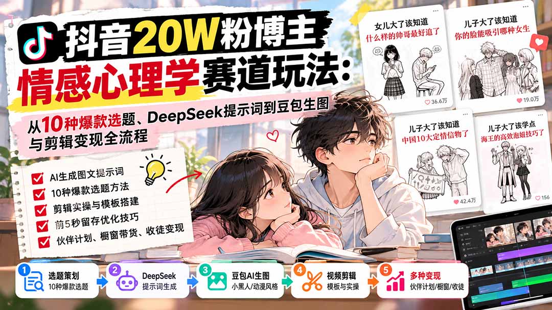 （20688期）抖音20W粉博主-情感心理学赛道玩法：从10种爆款选题、DeepSeek提示词到豆包生图与剪辑变现全流程-翌晨科技网