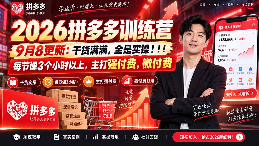 （20338期）2026拼多多训练营9月8更新：干货满满，全是实操！！！每节课3个小时以上，主打强付费，微付费-翌晨科技网
