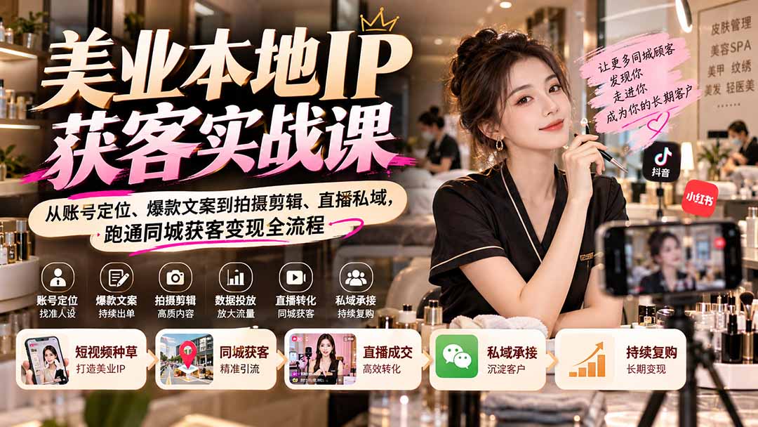 （20640期）【无水印】美业本地IP获客实战课：从账号定位、爆款文案到拍摄剪辑、直播私域，跑通同城获客变现全流程-翌晨科技网