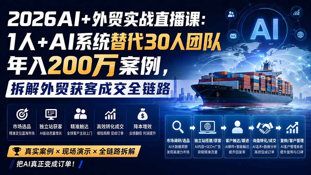 （20196期）2026AI+外贸实战直播课：1人+AI系统替代30人团队年入200万案例，拆解外贸获客成交全链路-翌晨科技网