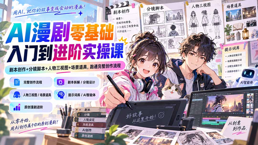 （20352期）AI漫剧零基础入门到进阶实操课：剧本创作+分镜脚本+人物三视图+场景道具，跑通完整创作流程-翌晨科技网