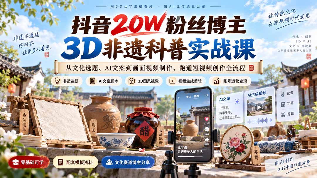 （20356期）抖音20W粉丝博主3D非遗科普实战课：从文化选题、AI文案到画面视频制作，跑通短视频创作全流程-翌晨科技网