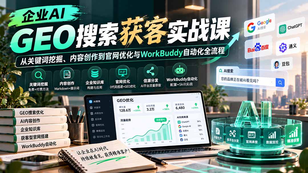 （20643期）企业AI GEO搜索获客实战课：从关键词挖掘、内容创作到官网优化与WorkBuddy自动化全流程-翌晨科技网