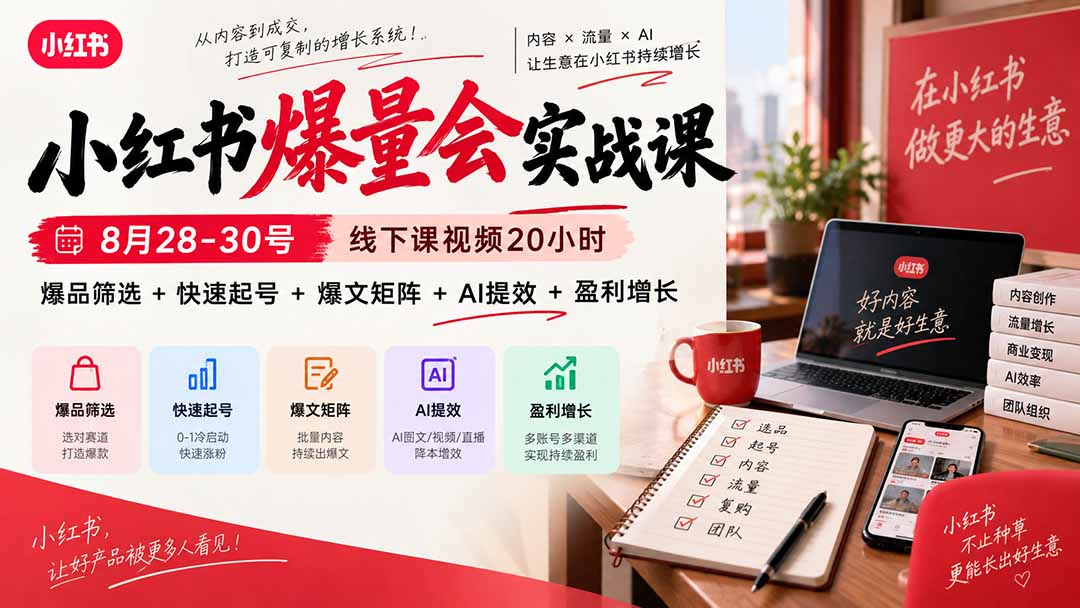 （20617期）小红书爆量会实战课-更新9月23：线下课视频20小时，爆品筛选+快速起号+爆文矩阵+AI提效+盈利增长-翌晨科技网