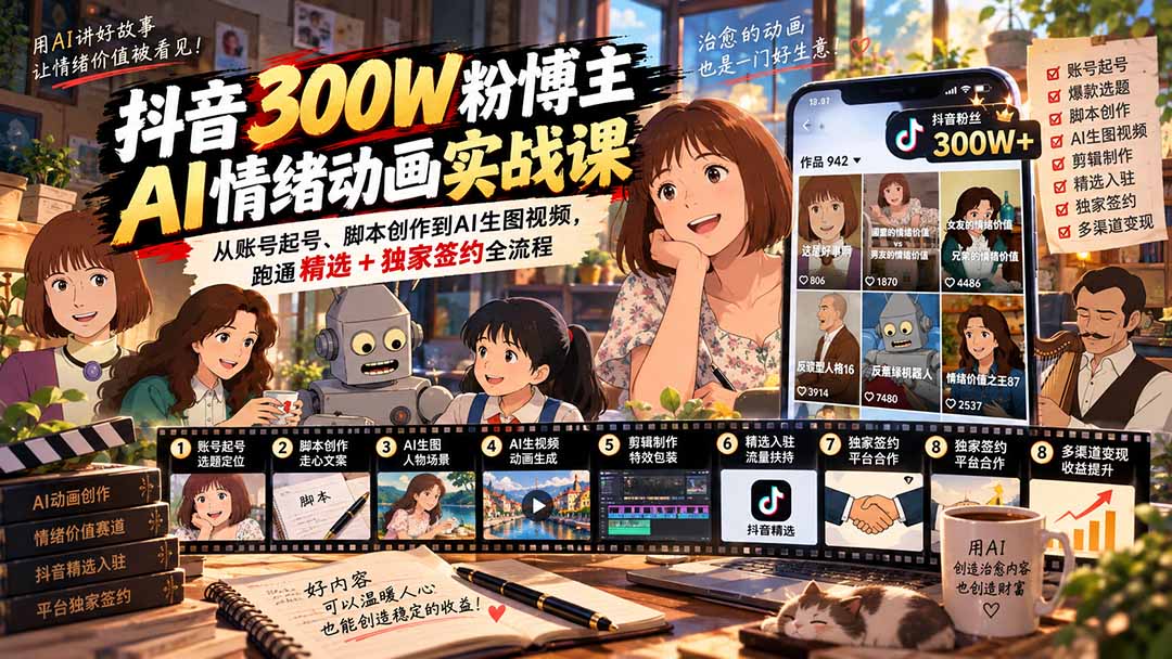（20616期）抖音300W粉博主AI情绪动画实战课：从账号起号、脚本创作到AI生图视频，跑通精选+独家签约全流程-翌晨科技网