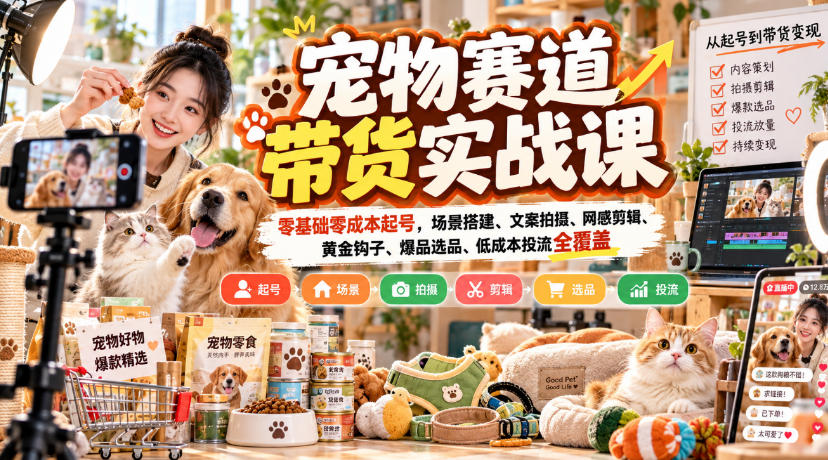 宠物赛道带货实战课，零基础零成本起号，场景搭建、文案拍摄、网感剪辑、黄金钩子、爆品选品、低成本投流全覆盖-翌晨科技网