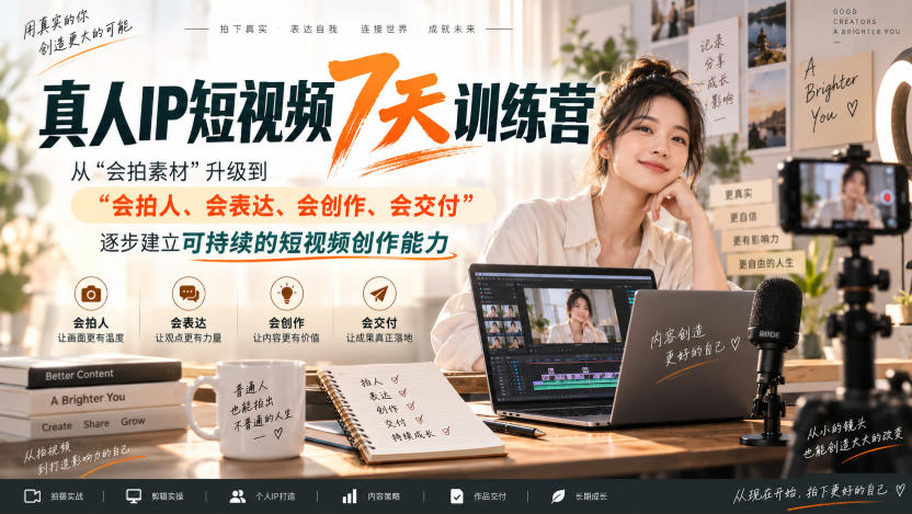 真人IP短视频7天训练营，从“会拍素材”升级到“会拍人、会表达、会创作、会交付”，逐步建立可持续的短视频创作能力-翌晨科技网
