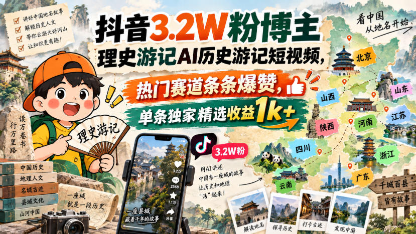抖音3.2W粉博主理史游记AI历史游记短视频教学，热门赛道条条爆赞，单条独家精选收益1k+-翌晨科技网