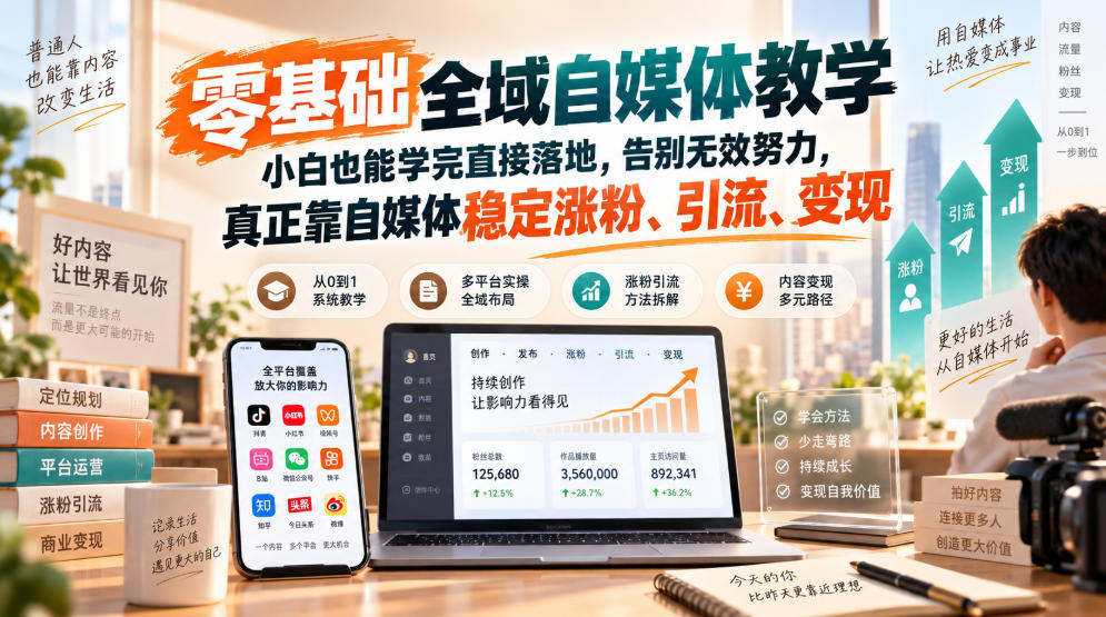 零基础全域自媒体教学，小白也能学完直接落地，告别无效努力，真正靠自媒体稳定涨粉、引流、变现-翌晨科技网