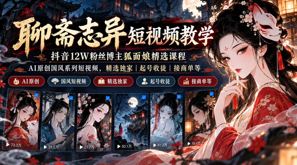 聊斋志异短视频教学，抖音12W粉丝博主狐面娘精选课程，AI原创国风系列短视频，精选独家丨起号收徒丨接商单等-翌晨科技网