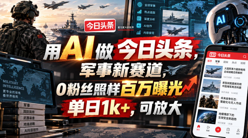 用AI做今日头条，军事新赛道，0粉丝照样百万曝光，单日1k+，可放大-翌晨科技网