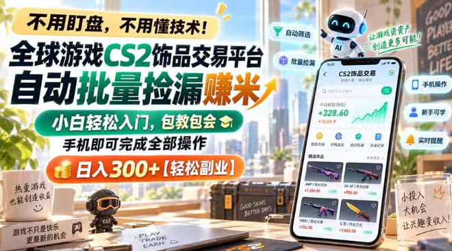 全球游戏CS2饰品交易平台自动批量捡漏賺米，小白轻松入门，包教包会，手机即可完成全部操作，日入300+【揭秘】-翌晨科技网