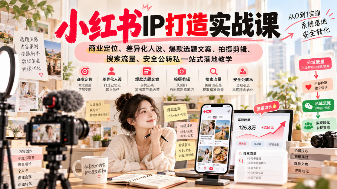 小红书ip打造实战课，商业定位、差异化人设、爆款选题文案、拍摄剪辑、搜索流量、安全公转私一站式落地教学-翌晨科技网