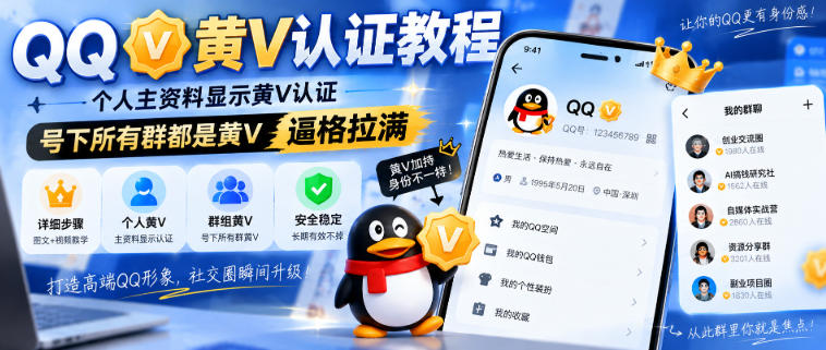 QQ黄V认证教程,个人主资料显示黄V认证,号下所有群都是黄V,逼格拉满-翌晨科技网