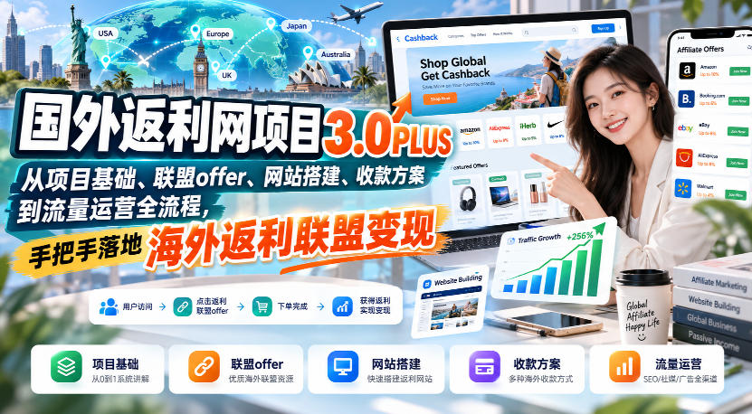 国外返利网项目3.0PLUS，从项目基础、联盟offer、网站搭建、收款方案到流量运营全流程，手把手落地海外返利联盟变现-翌晨科技网