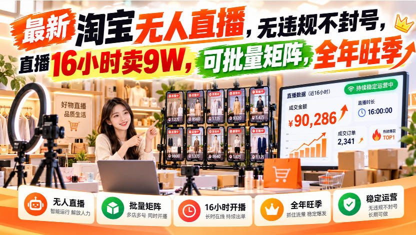 最新淘宝无人直播，无违规不封号，直播16小时卖9W，可批量矩阵，全年旺季【揭秘】-翌晨科技网