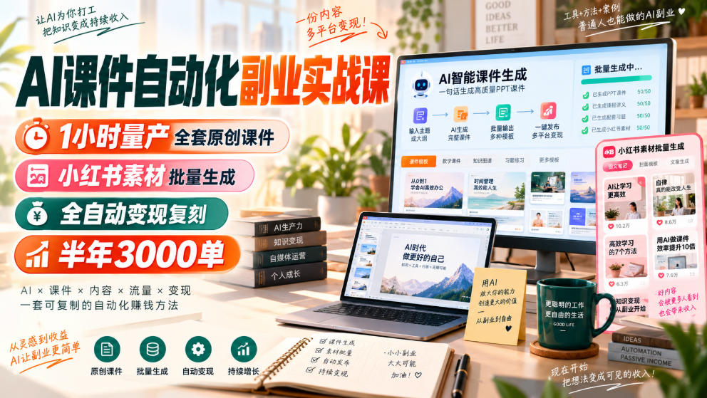 AI课件自动化副业实战课，1小时量产全套原创课件，小红书素材批量生成，全自动变现复刻，半年3000单-翌晨科技网