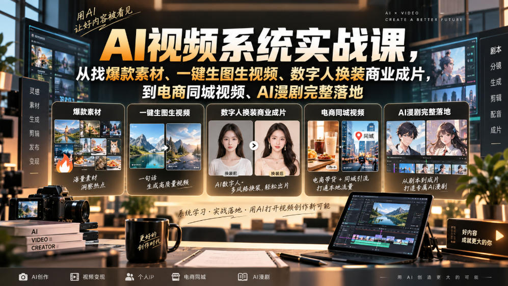 AI视频系统实战课，从找爆款素材、一键生图生视频、数字人换装商业成片，到电商同城视频、AI漫剧完整落地-翌晨科技网