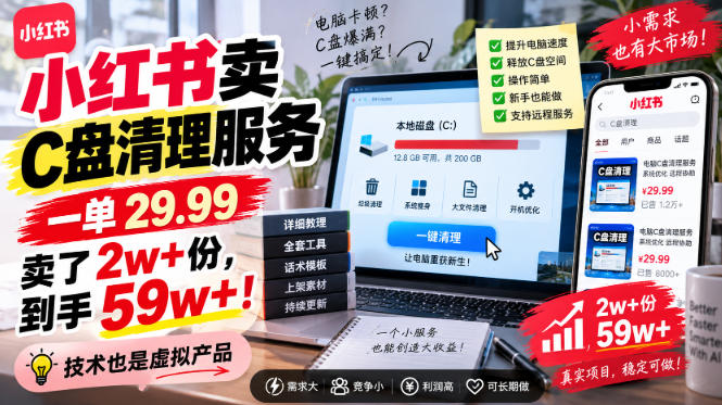 小红书卖C盘清理服务，一单29.99，卖了2w+份，技术也是虚拟产品-翌晨科技网