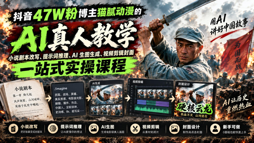 抖音47W粉博主猫腻动漫的AI真人漫剧教学，小说剧本改写、提示词推理、AI生图生成、视频剪辑封面一站式实操课程-翌晨科技网