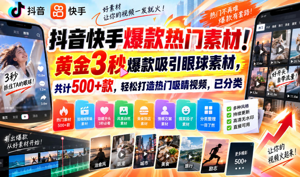 抖音快手爆款热门素材！黄金3秒爆款吸引眼球素材，共计500+款，轻松打造热门吸睛视频，已分类-翌晨科技网