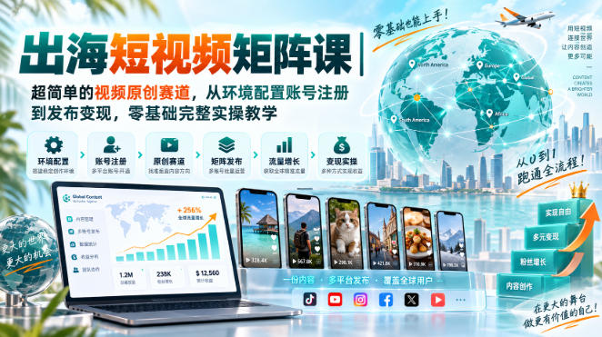 出海短视频矩阵课｜超简单的视频原创赛道，从环境配置账号注册到发布变现，零基础完整实操教学-翌晨科技网