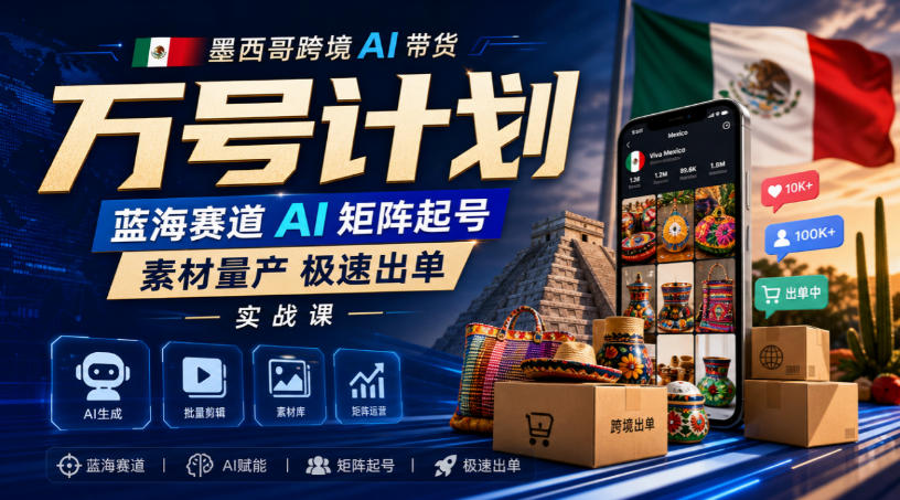 墨西哥跨境AI带货万号计划，蓝海赛道AI矩阵起号，素材量产极速出单实战课-翌晨科技网