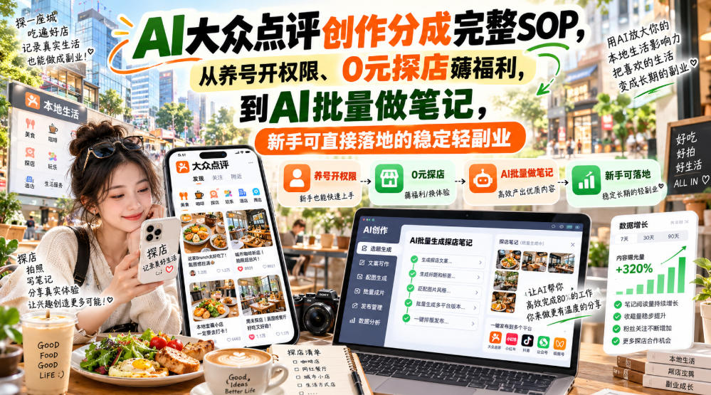 【无水印】AI大众点评创作分成完整SOP，从养号开权限、0元探店薅福利，到AI批量做笔记，新手可直接落地的稳定轻副业-翌晨科技网