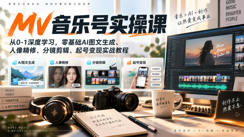 AI MV音乐号实操课，从0-1深度学习，零基础AI图文生成、人像精修、分镜剪辑、起号变现实战教程-翌晨科技网