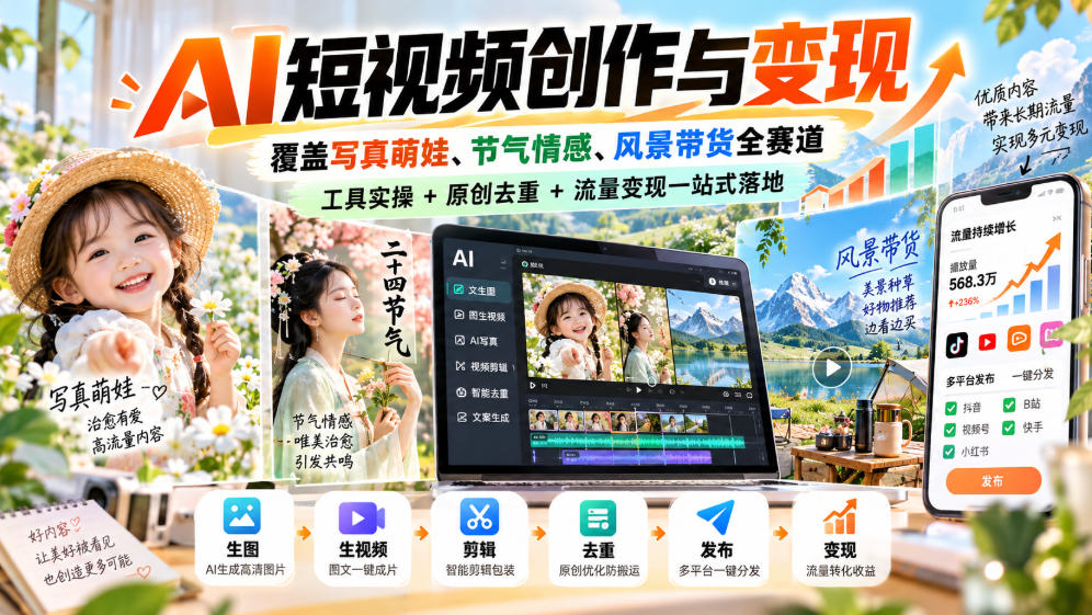 AI短视频创作与变现，覆盖写真萌娃、节气情感、风景带货全赛道，工具实操+原创去重+流量变现一站式落地-翌晨科技网