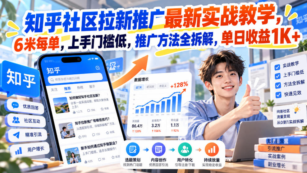 知乎社区拉新推广最新实战教学，6米每单，上手门槛低，推广方法全拆解，单日收益1K+！-翌晨科技网