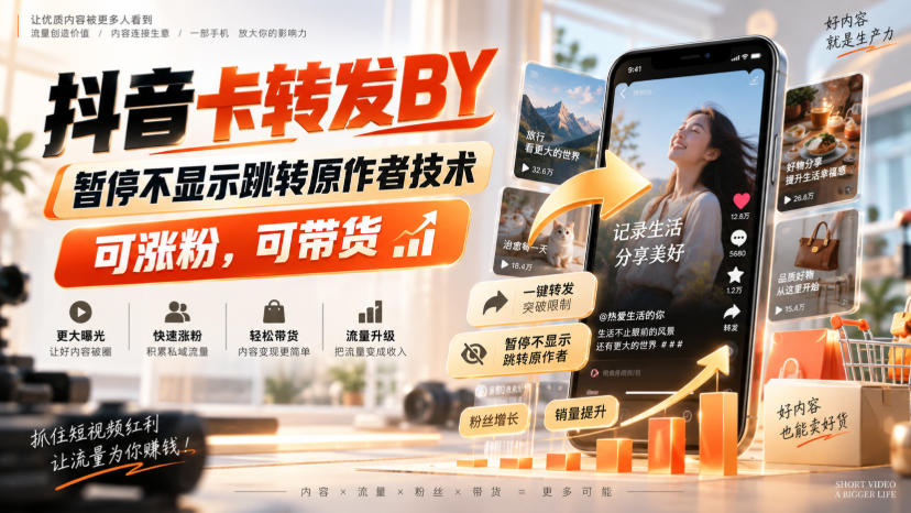 抖音卡转发搬运，暂停不显示跳转原作者技术，可涨粉，可带货-翌晨科技网