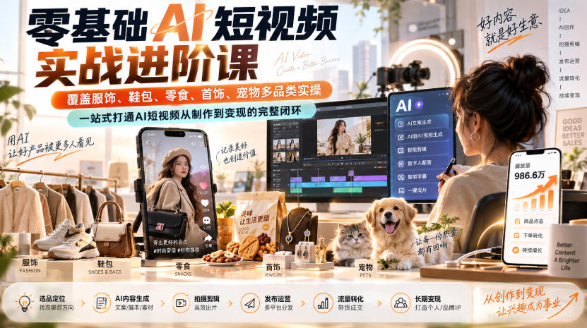 零基础AI短视频实战进阶课，覆盖服饰、鞋包、零食、首饰、宠物多品类实操，一站式打通AI短视频从制作到变现的完整闭环-翌晨科技网