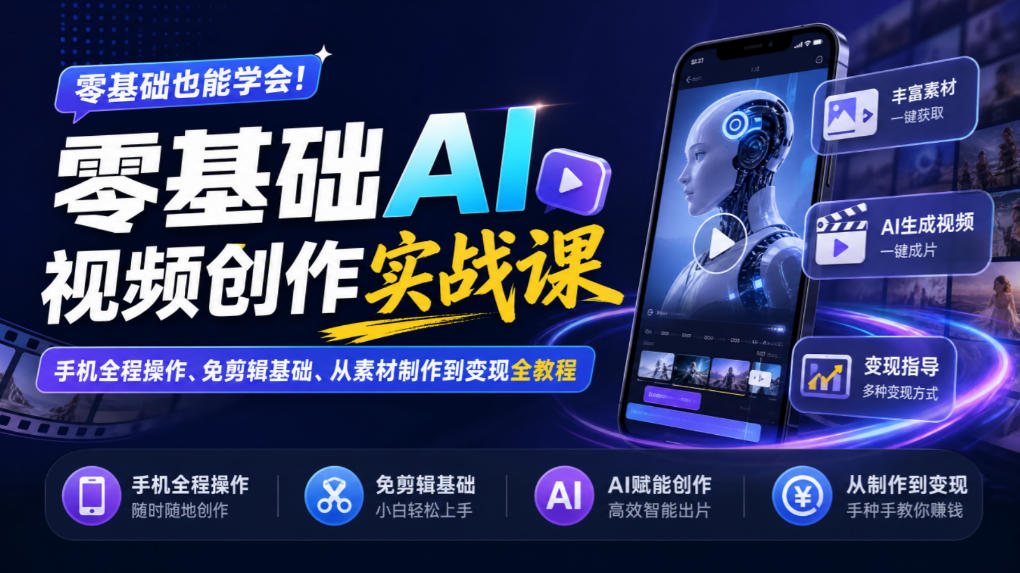 零基础AI视频创作实战课｜手机全程操作、免剪辑基础、从素材制作到变现全教程​-翌晨科技网
