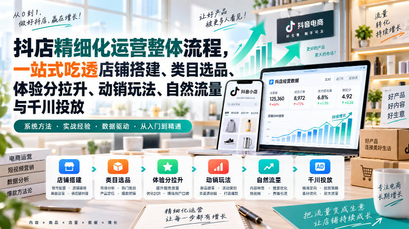 李哥电商-抖店精细化运营整体流程，一站式吃透店铺搭建、类目选品、体验分拉升、动销玩法、自然流量与千川投放-翌晨科技网